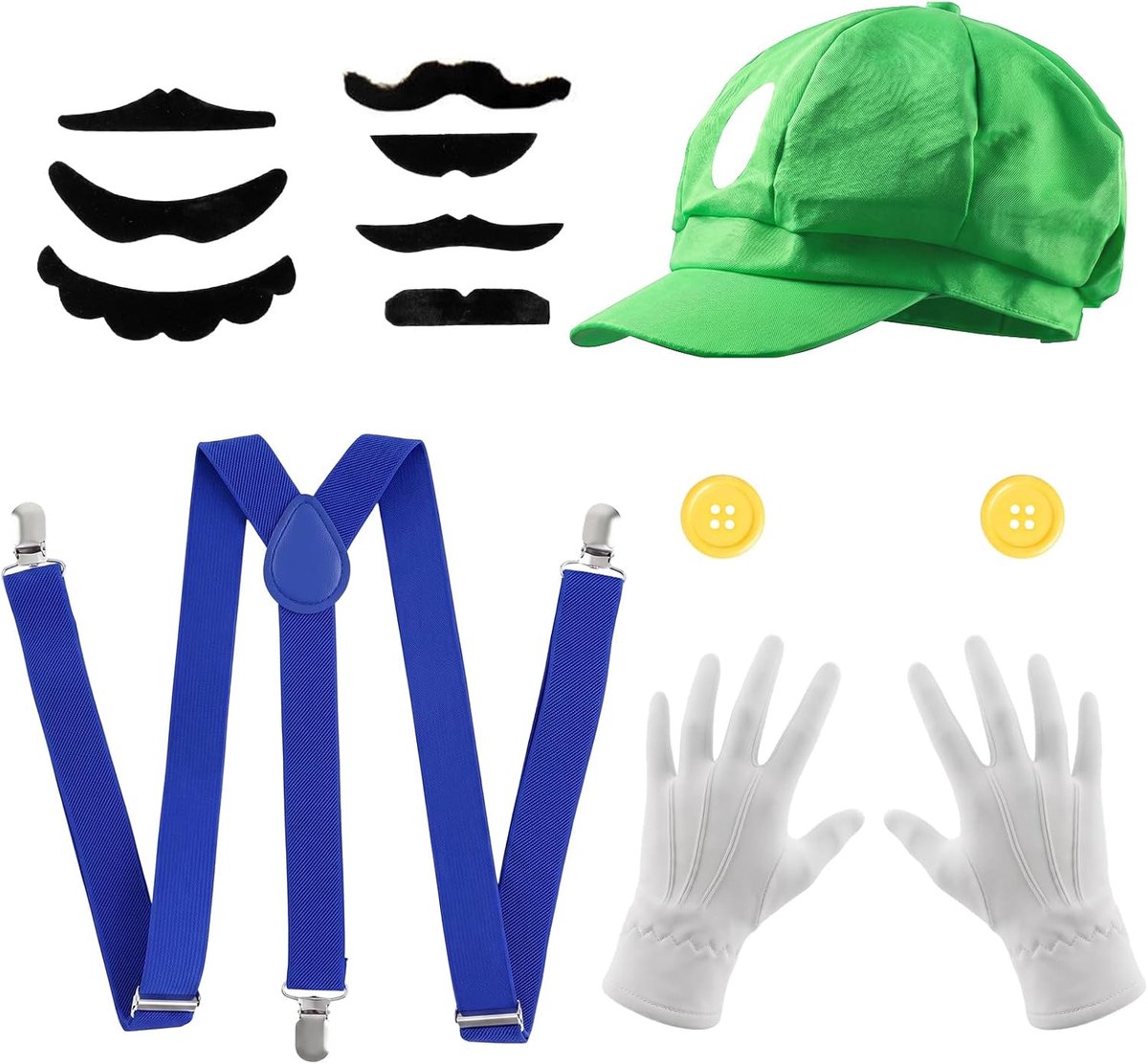 Brothers kostuum, hoed, petten, 7 snorren, 1 paar handschoenen, knopen, bretels, cosplay voor carnaval, Halloween
