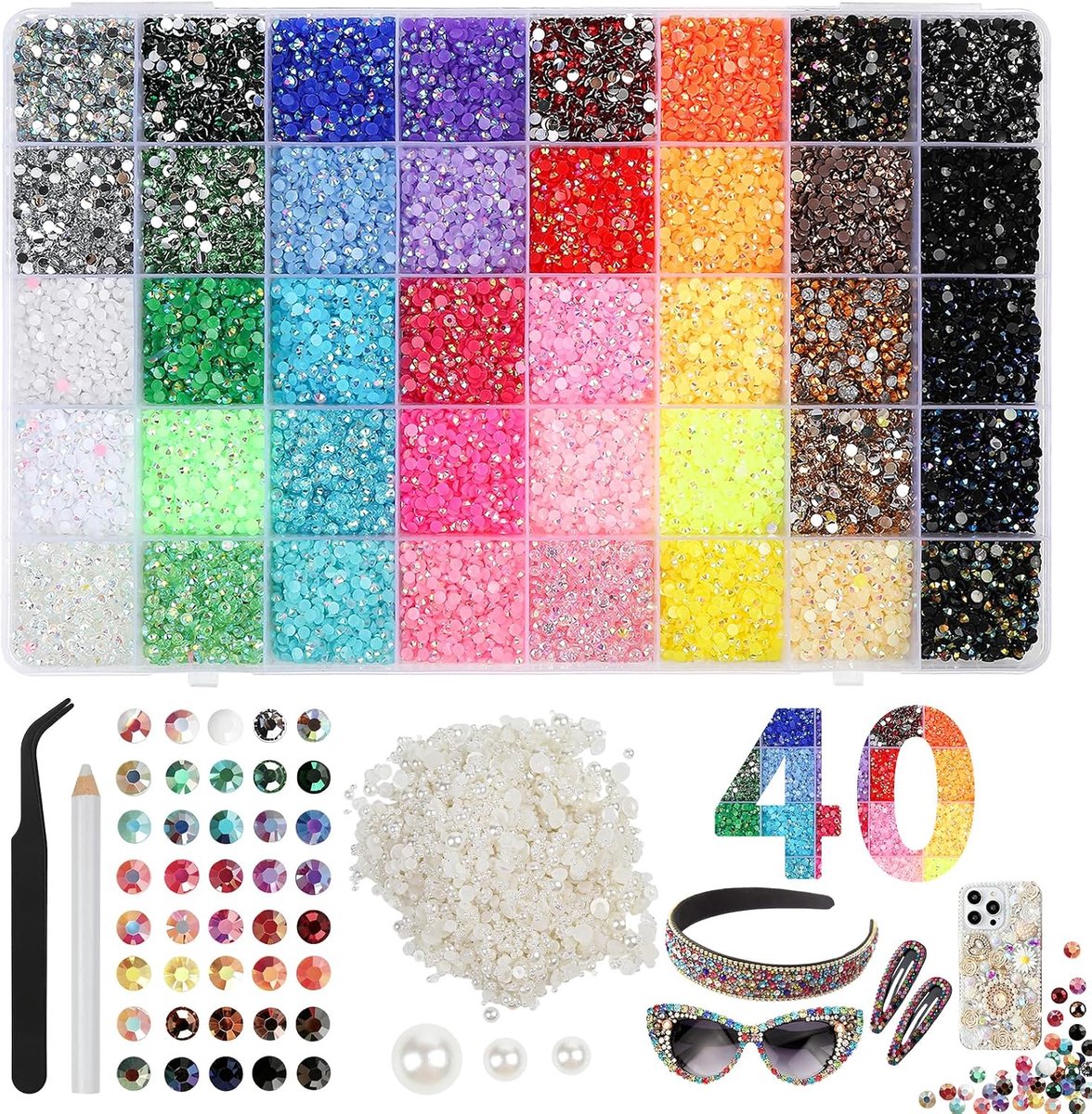 Kit glittersteentjes, 32.000 stuks, 40 kleuren, 3 mm, jelly strass-steentjes met pincet en pen, platte achterkant rhinestones voor knutselen, nagels, gezichtsmake-up, textiel, diamond