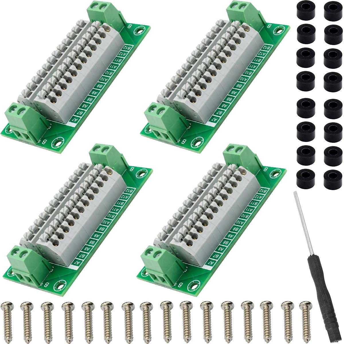 4 stuks klemmenblok distributiemodule 2 x 12 AC/DC 300 V 8 A dubbele kanaals ingang, compatibel met meerdere moduleuitbreidingsverbindingen met schroefschroeven