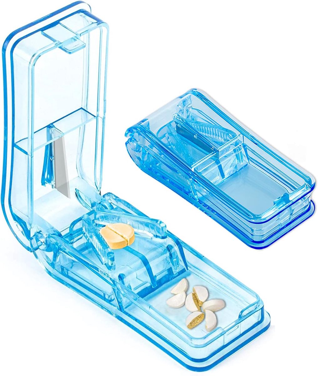 Tablettensnijders voor kleine of grote pillen die in de helft of kwart gesneden kunnen worden, pillensplitter met scherp mes en pillenopbergvak (blauw)