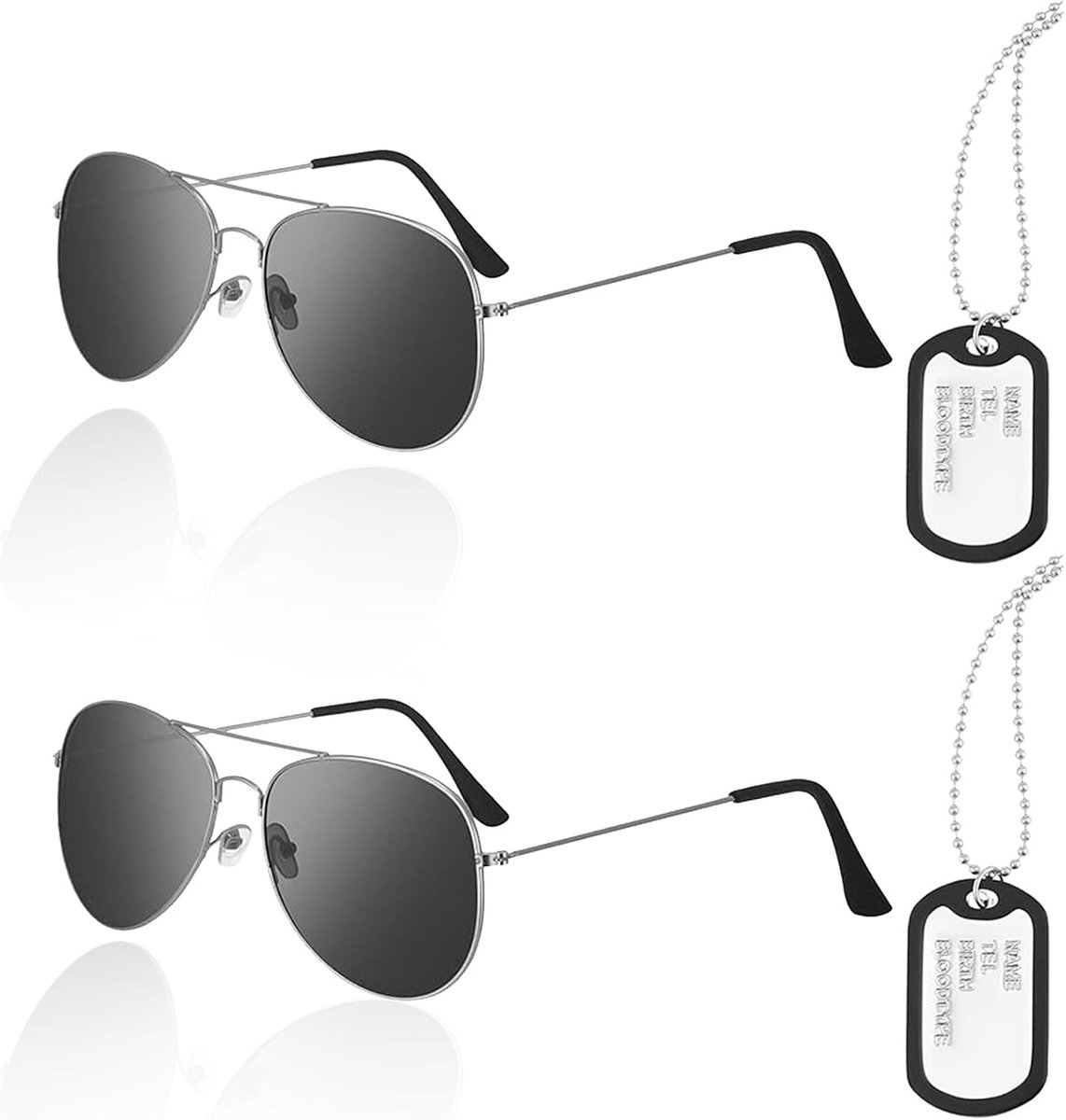 Set van 2 stuks vliegeniersbril, zilver, herkenningsplaatje voor heren, verkleden, accessoires, ketting, pilotenkostuum voor leger, militair, cosplay, piloot, stewardess, themafeest, carnaval