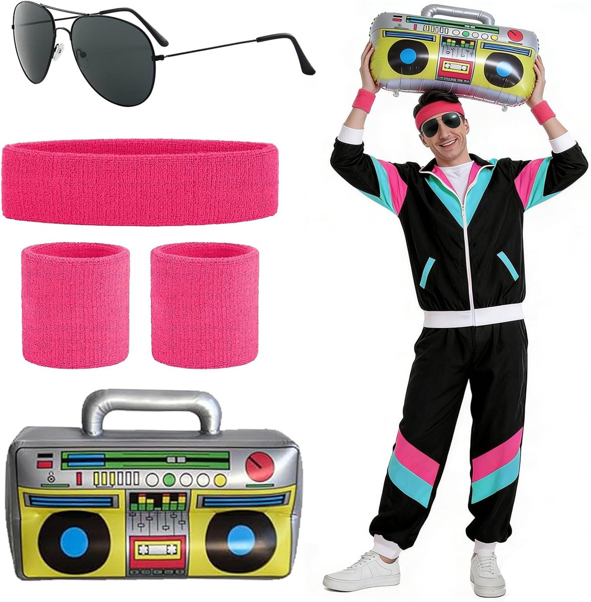 80 en 90-outfit voor heren en dames, retro trainingspak, jasje, broek, jaren 80, joggingpak met hoofdband, polssteun, bril, jaren 80-party, badknoop, voor themafeest, carnaval