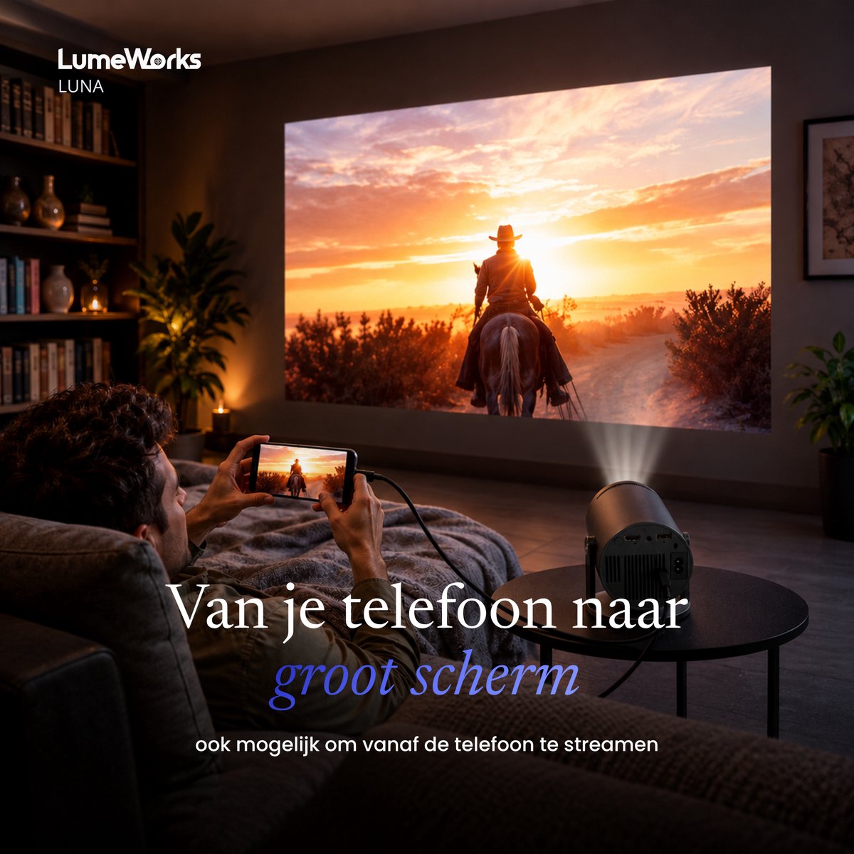 LumeWorks Luna Mini Beamer 2026 - 4K Support - Smart Projector met Android 14 - WiFi 6 & Bluetooth - Home Cinema - Draagbaar - Streamen vanaf Telefoon - Zwart thumbnail 4