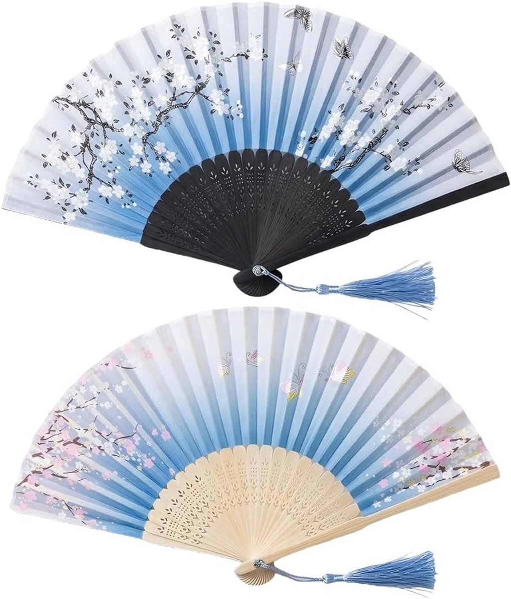 2 stuks vouwwaaiers voor dames, opvouwbaar, bamboezijde, Chinese stijl, met kwastjes, voor bruiloft, cadeau, wanddecoratie, 2 stuks