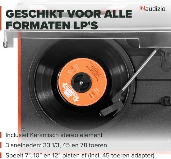 Platenspeler met speakers - Audizio Akron - LP speler - Bluetooth - AUX - 3 snelheden - Kersen houtlook — afbeelding 5