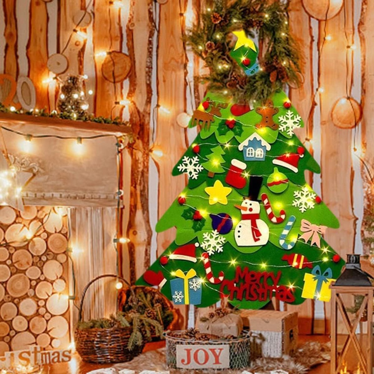 Vilten kerstboom Geschikt Voor kinderen - Ornamenten Hangende - DIY Vilt Kerstboom Geschikt Voor Kinderen - Wanddecoratie Geschikt Voor Kerst - 32 losse versieringen - Herbruikbare - DIY kerstboom decoratie - Met 3 meter lange lichtsnoeren – foto 4