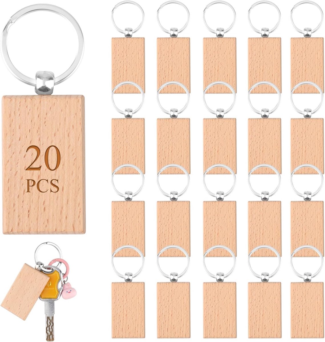 20 stuks blanco houten sleutelhangers 5,3 x 3,2 cm rechthoek houten sleutelhanger blanks onafgewerkte houten sleutelhangers met 20 ringen voor doe-het-zelf ambachten gepersonaliseerde houten