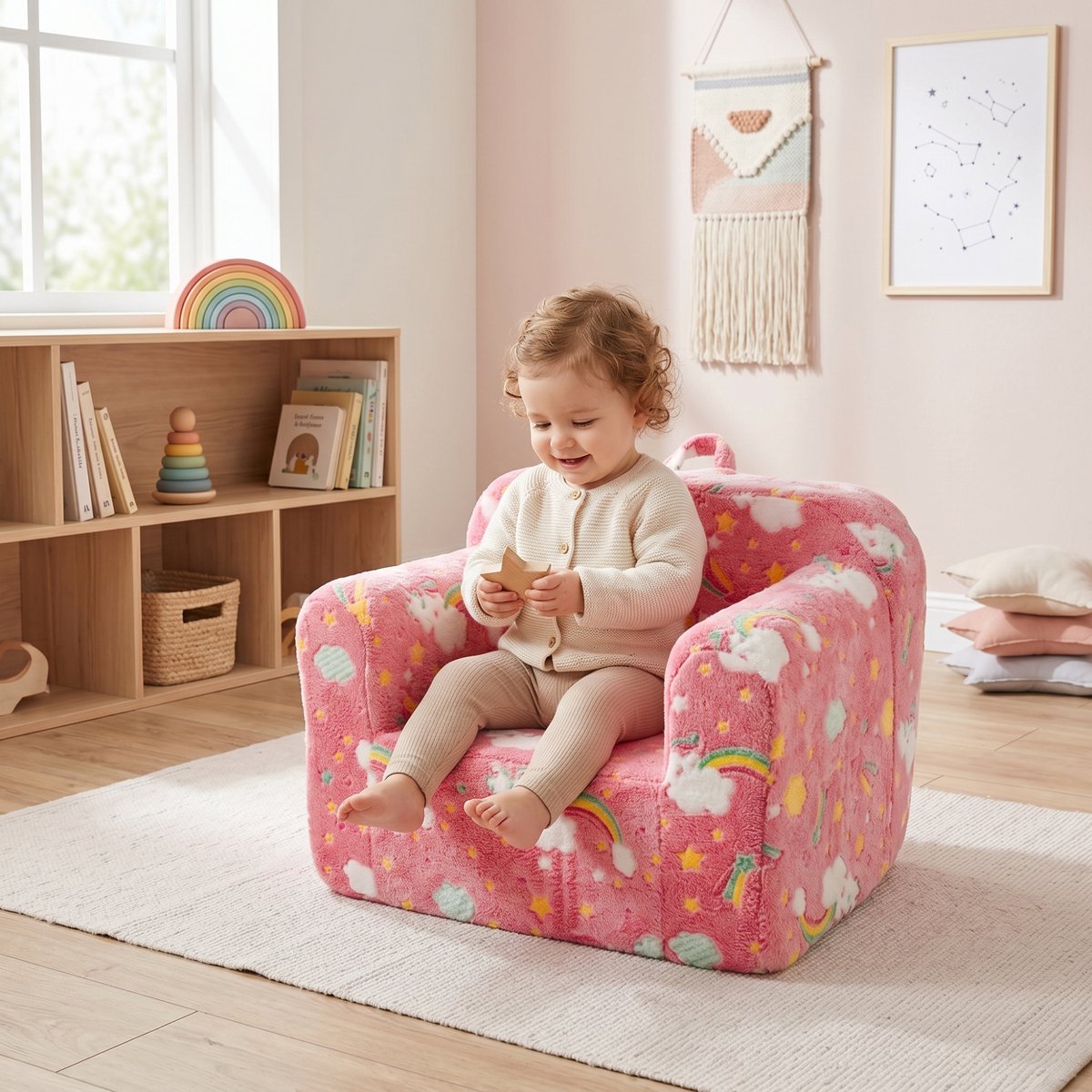 Intebiki 2-in-1 Kinderbank en Kinderfauteuil 68×38 cm - Kinderbankje met handvat en zijvakken - Leunstoel voor peuters - Lichtgewicht kinderbankje - Roze