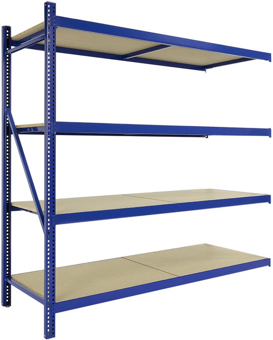 Blauw Avasco industrieel rek met vier spaanplaat legborden.