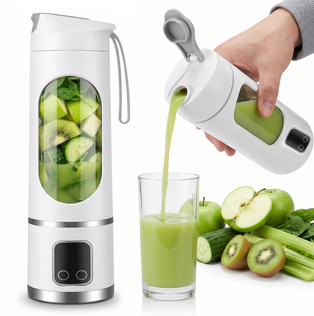 Draagbare Blender 450 ml - Oplaadbare Juicer voor Fruit en Smoothies - Elektrische Sapmaker met 1500 mAh Batterij - 7,4 V - 50 W - ABS en RVS 304 - Wit
