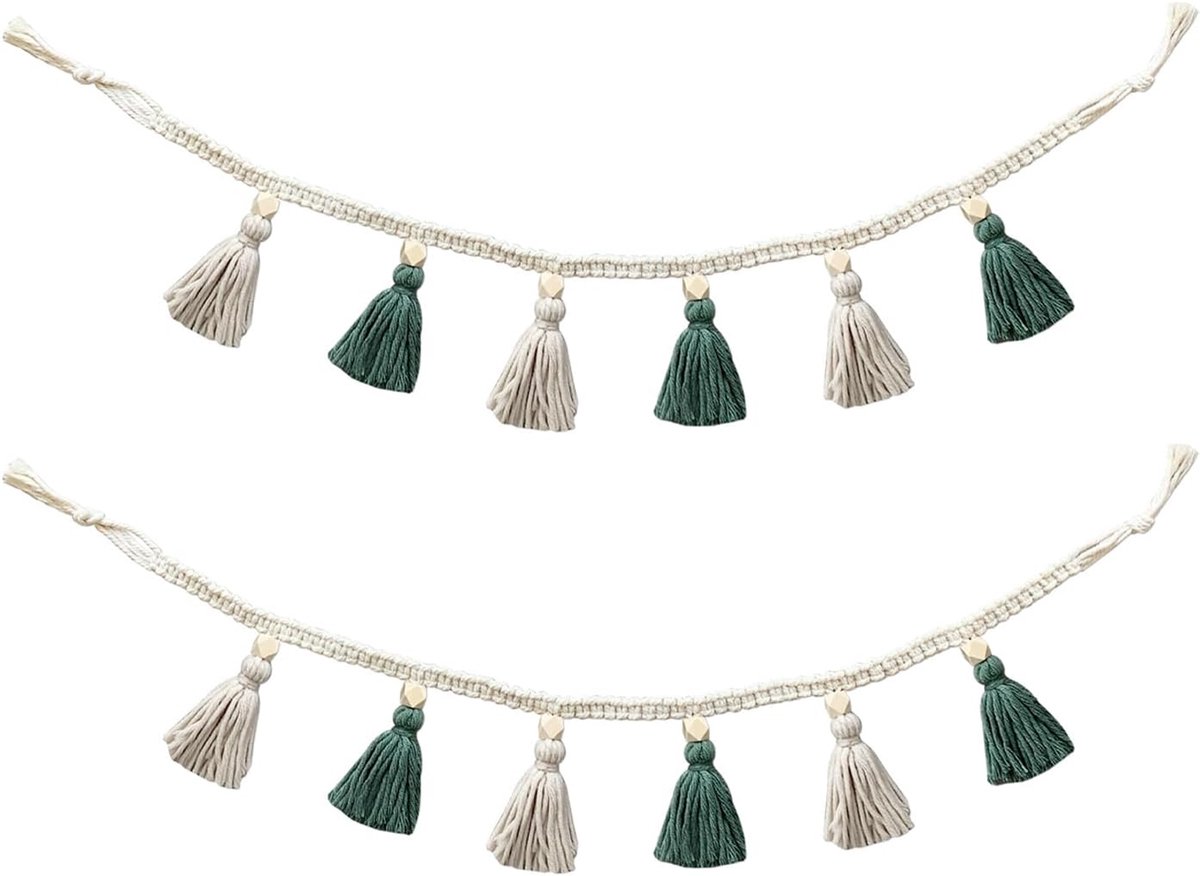 Kwastjes, 2 stuks, 10 x 90 cm, boho macramé kwastjes, slinger, met houten kralen, voor woonkamer, slaapkamer, bruiloftsfeest, decoratie, boho huisdecoratie, groen-wit