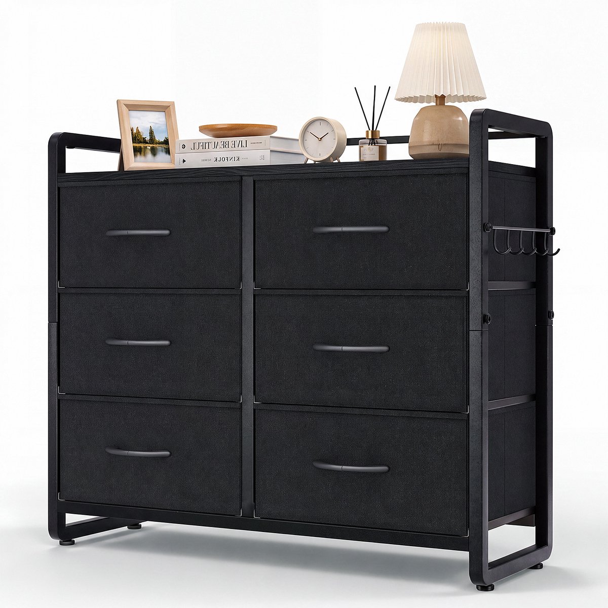 Hokeeper Ladekast met 6 Stoffen Lades – Opbergkast met Houten Bovenblad – Industrieel Dressoir – Kast met Lades voor Slaapkamer. Woonkamer en Hal – Vintage Zwart – 78.5 x 28 x 69.7 cm