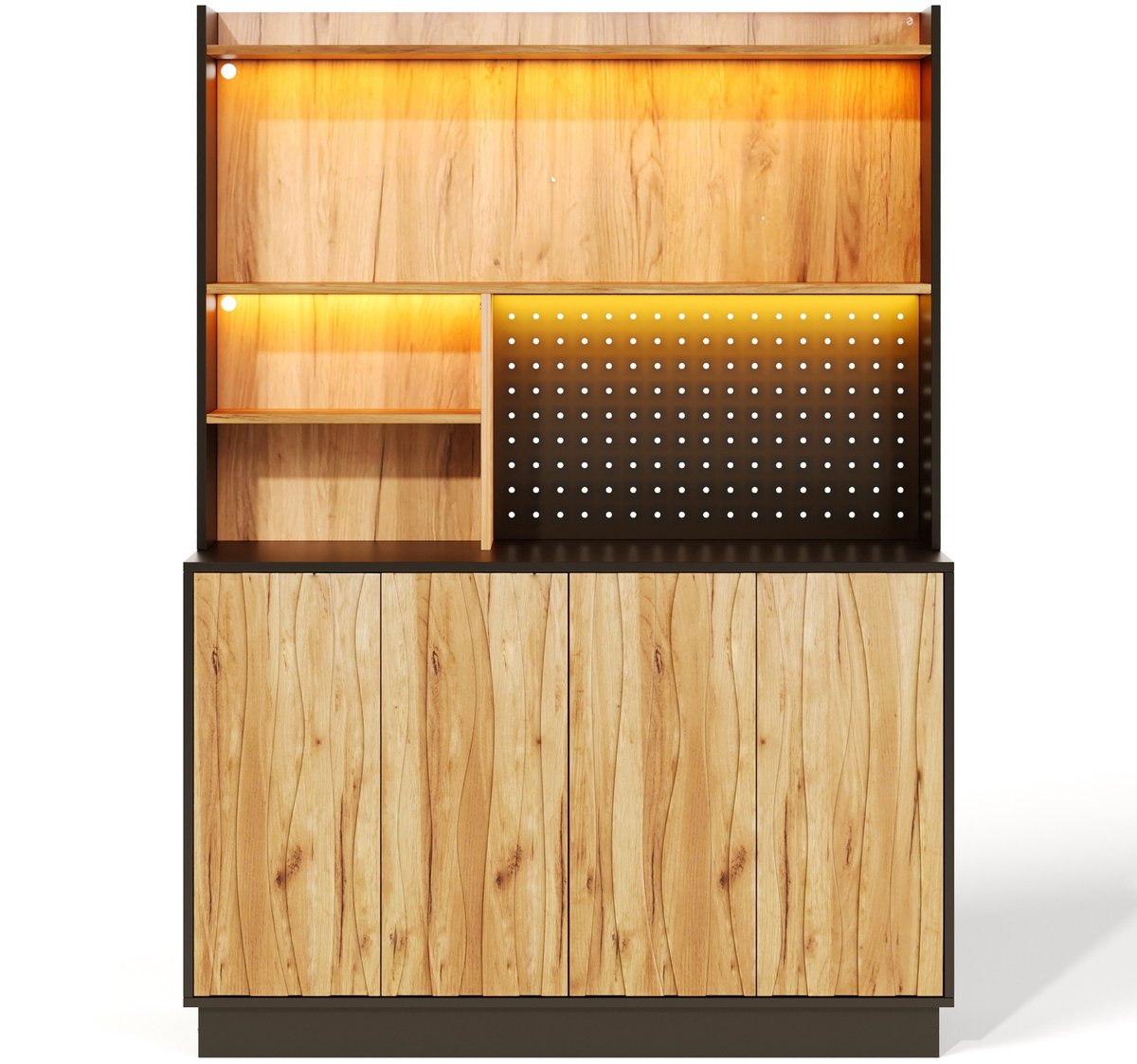 City long dragon LONG DRAGON Keukenkast met LED-verlichting en stopcontacten, hoge opbergkast met 4 deuren en perforatiebord, vitrine en voorraadkast voor woonkamer en eetkamer, afmetingen 120 × 43 × 160 cm Zwart+Natuurlijk