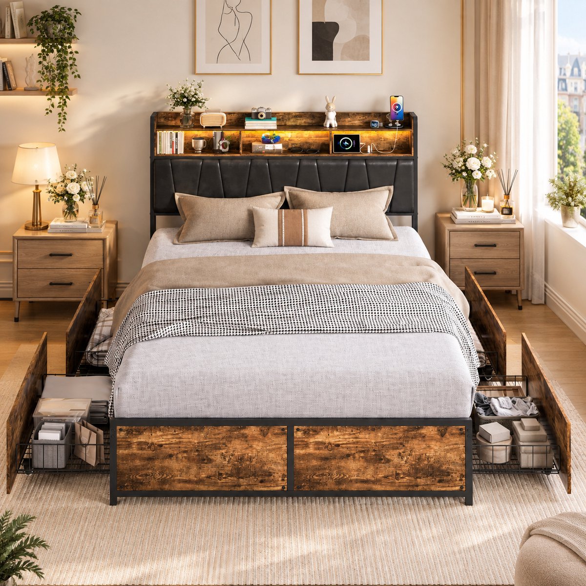 MEXUS Tweepersoonsbed 140x200cm met lattenbodem, bed met ledverlichting en USB- en Type-C-poort, metalen lattenbodem met 4 opberglades, hoofdbord met boekenplank, vintage bruinZwart