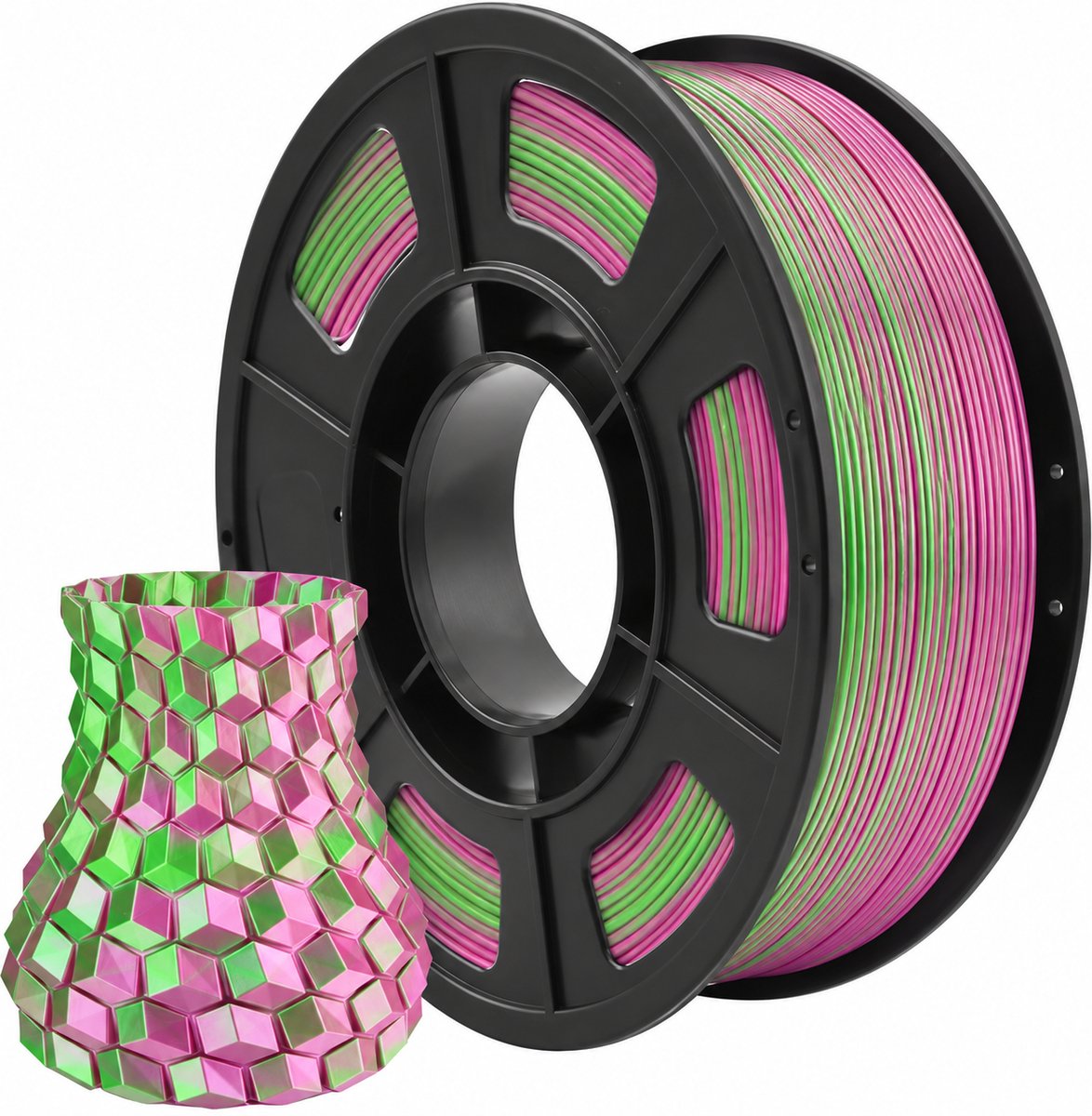 PLA Dual Color Silk+ Filament Roze/Groen – 1.75mm – 1KG – Hoge Glans – Perfect voor Draken & Display Prints Morgen in huis