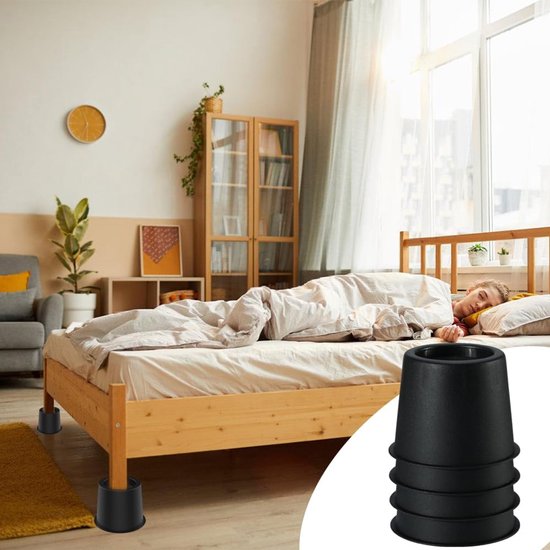 4 stuks meubelverhoger 10 cm, ronde bedverhoger & tafelverhoger van stevig kunststof, voor bed, sofa, bureau, stoel, olifantenvoet vloerbescherming & extra opbergruimte, zwart — afbeelding 4