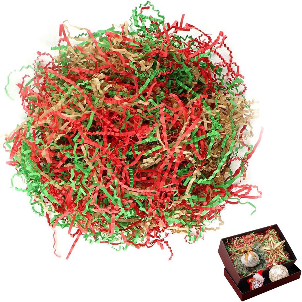 Opvulmateriaal 100g gesneden tissuepapier – decoratief verpakkingspapier in rood, groen en lichtbruin voor cadeauverpakking, feestelijke versiering en doosvulling