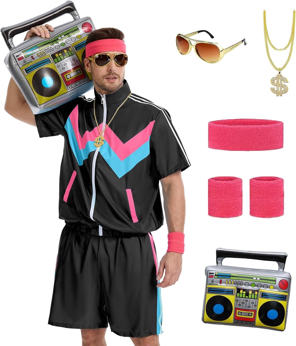 80 en 90 verkleedkleding voor heren, jaren 80 outfits - jas en shorts met korte mouwen - kostuum voor Halloween, carnaval en retrofeesten