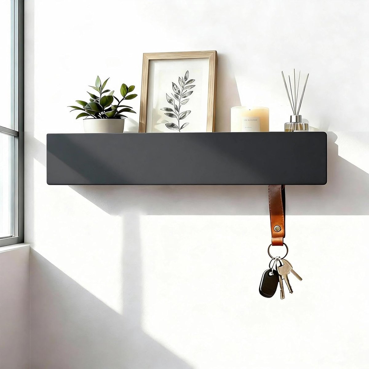 Sleutelrek voor aan de muur, modern sleutelrek met plank, zwarte sleutelhanger, eenvoudig te monteren, voor hal, slaapkamer en woonkamer