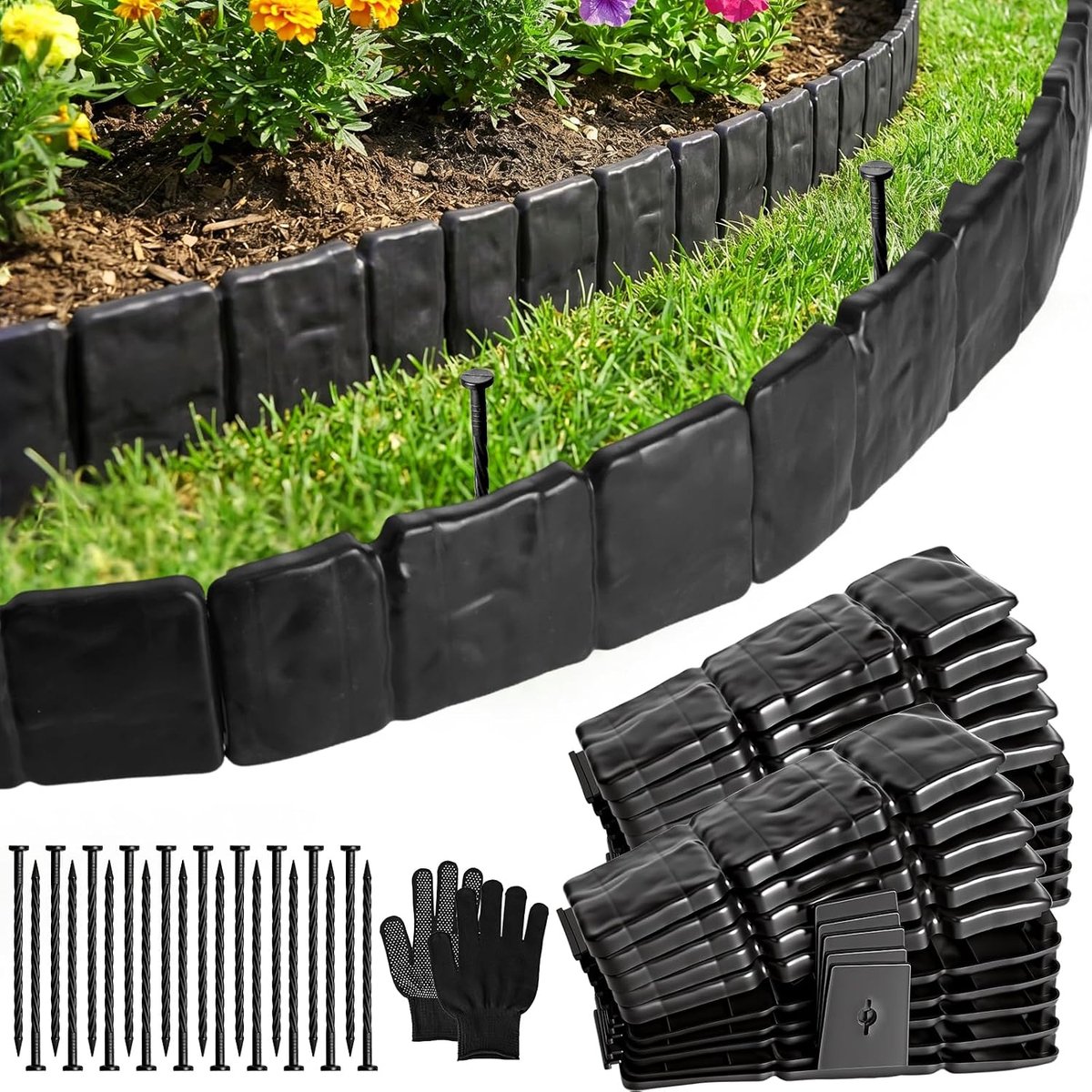 Gazonrand, Kunststof Bloembedrand, Tuinrand, Maairand Voor Bloembedden, Tuinhek, Verdikte Lage Schutting, Steenlook - 5 M, Zwart
