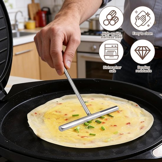 Set van 3 pannenkoekenverdelers, roestvrij staal, T-vormige deegverdeler met 2 spatels, pannenkoekenaccessoires, taartspatel voor thuis, keuken, bakken, koken — afbeelding 2