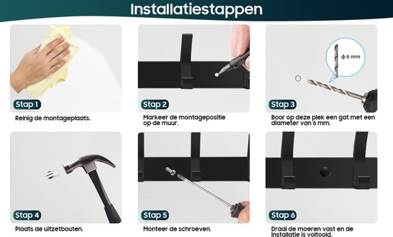 Wandkapstok - RVS Kapstok Hangend - 2-delige Hangend Muurkapstok Set met 12 Haken - 42,5 cm - Zwarte Kapstokken inclusief Bevestigingsmateriaal — afbeelding 3
