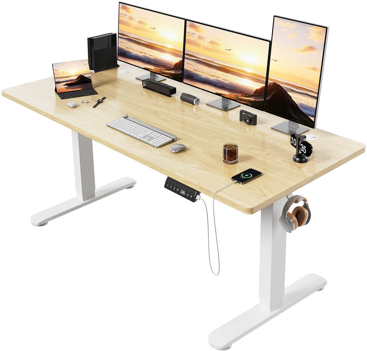 Devoko Elektrisch Verstelbaar Zit-Sta Bureau 160 × 80 cm – 18 mm Dik Tafelblad – Hoogte 72–118 cm – 3 Geheugenstanden en LED-Display – 4000 TPM Stille Motor – Draagvermogen 80 kg – Beige