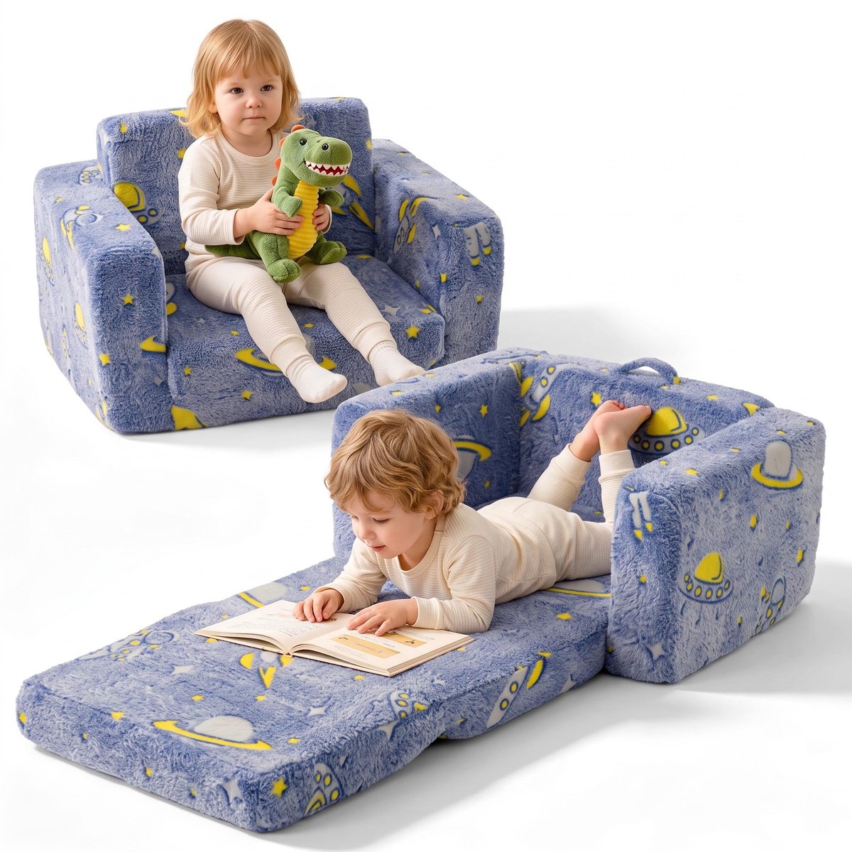 Intebiki 2-in-1 Kinderbank en Kinderfauteuil 120×50 cm– Opvouwbare Speelbank met Regenboog - opvouwbare peuterstoel - blauw