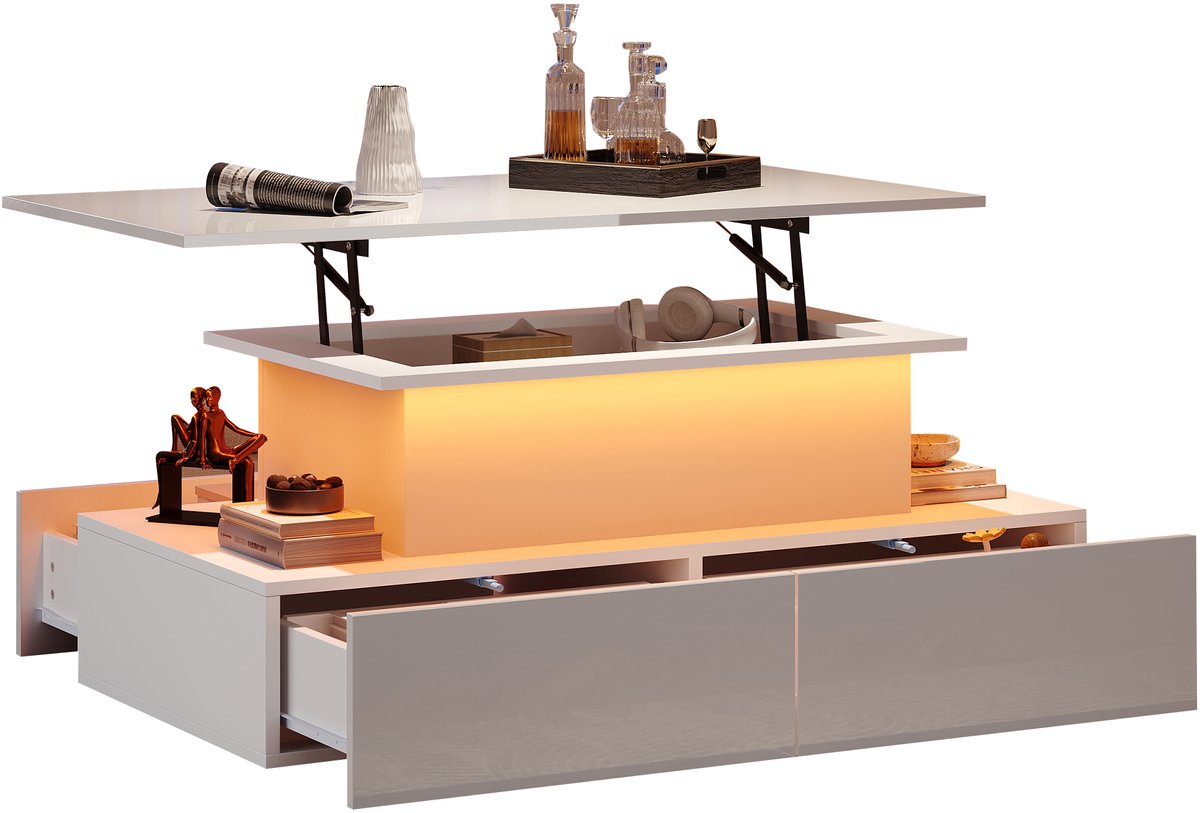 MUVANO Salontafel hoogglans wit met led - Salontafel met 4 lades - Moderne bijzettafel - Uitschuifbaar design - 90x55x41 cm - Opbergruimte - Woonkamer - Wit
