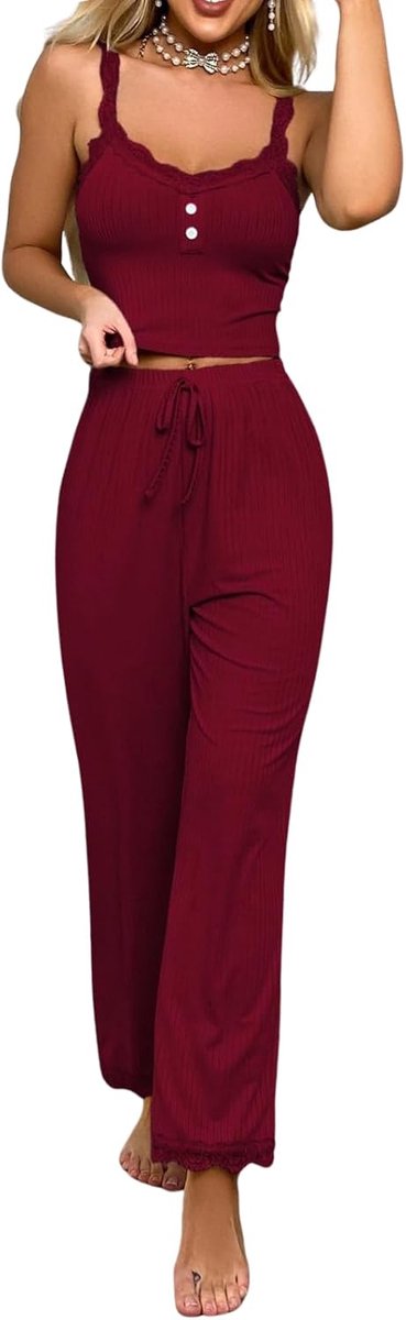 2-delige pyjamaset voor dames, kanten pyjama, buikvrij, cami-top, lange broek, V-hals, nachtkleding, elegant, mouwloos, prikkelend, zacht, loungewear, comfortabel, negligé, elastisch
