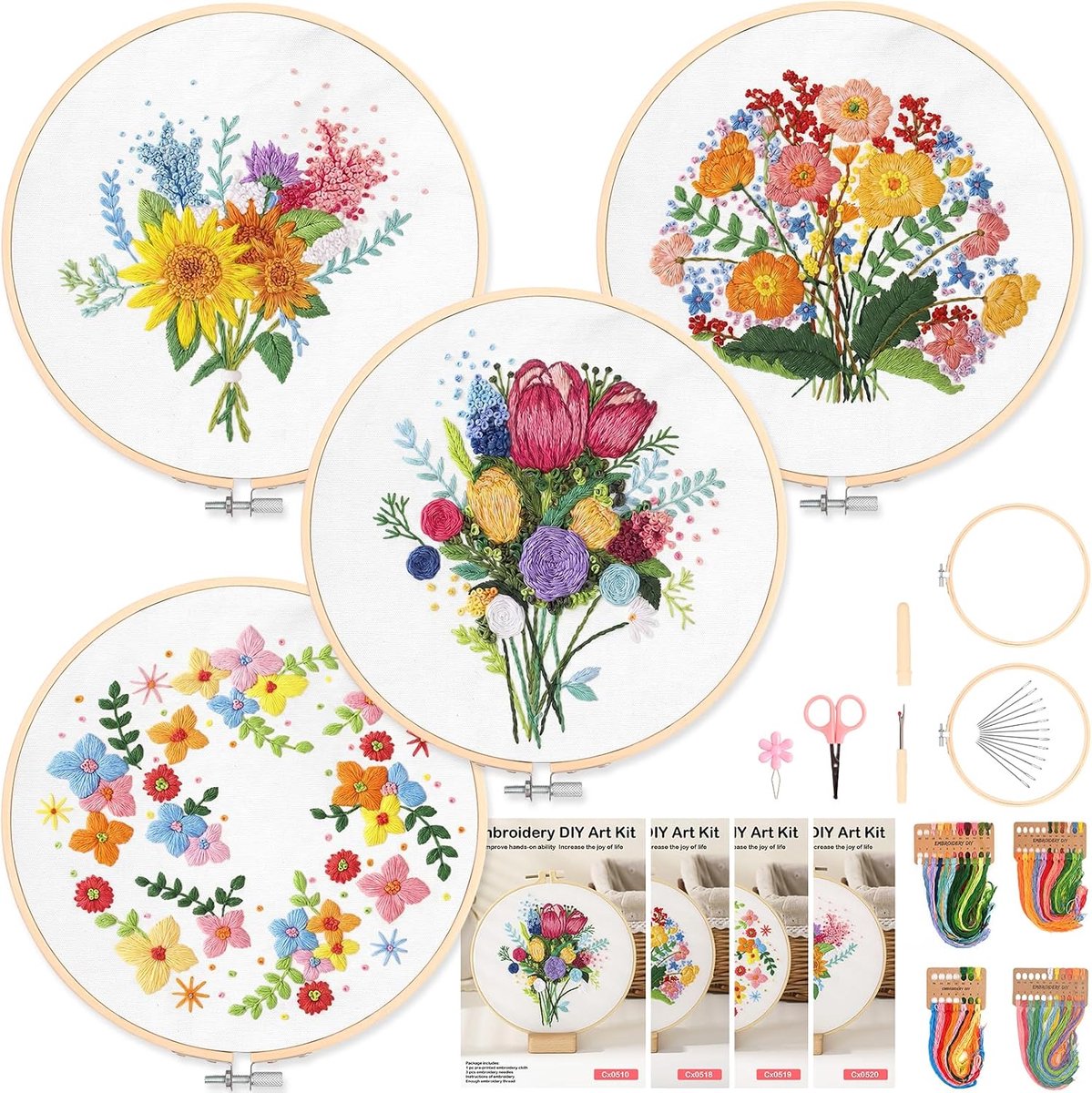 4 Borduurpakket voor Volwassenen, Complete Borduurset met Bloemen- en Plantmotieven voor Beginners, Inclusief 2 Bamboe Ringen en Gekleurd Garen, Handborduren DIY-borduurkit (Luxe Boeket)