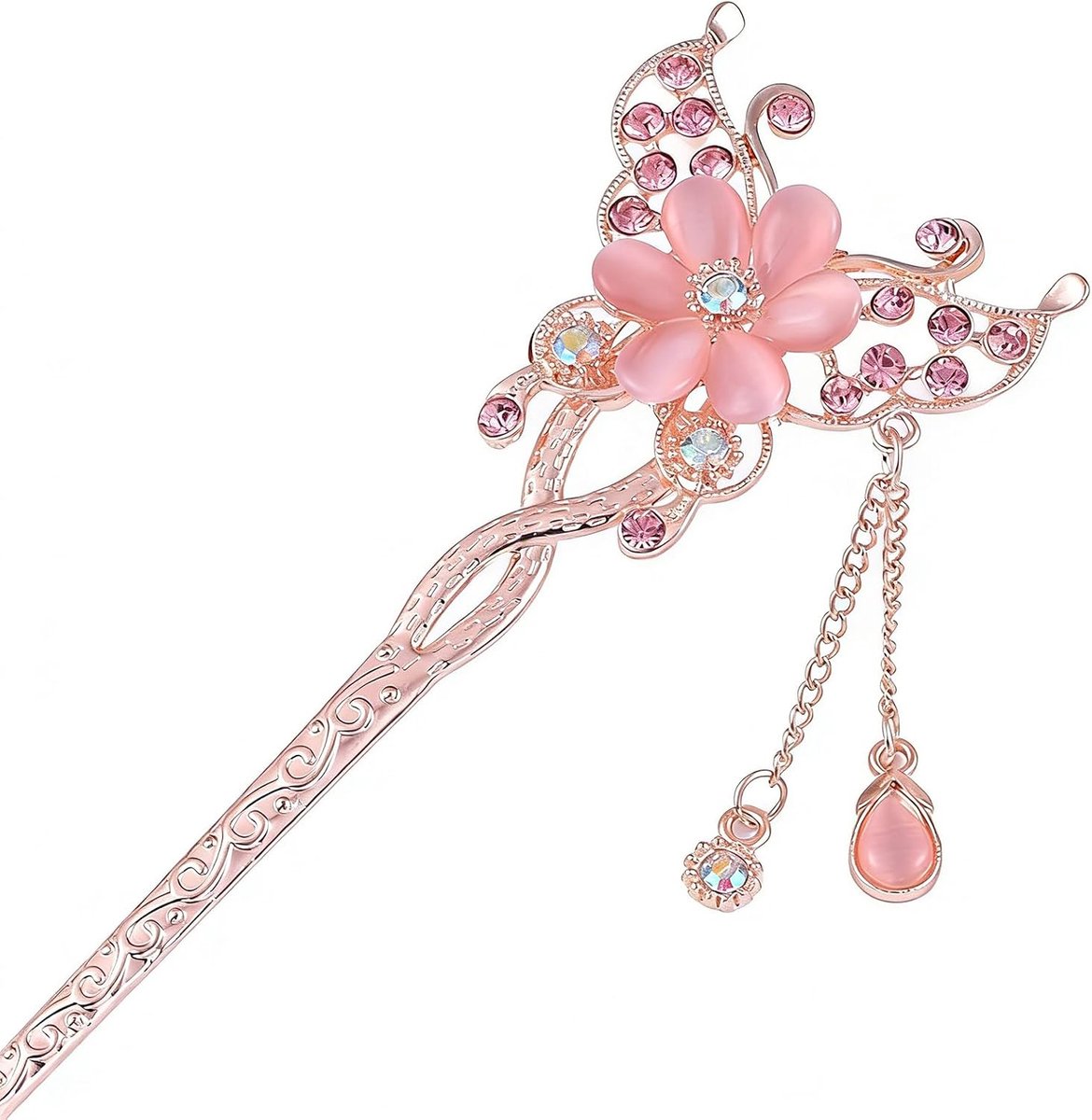 1 x haarspeld in de vorm van een vlinder en een roze bloem, Chinese vintage broche, haaraccessoires voor dames en meisjes, decoratie
