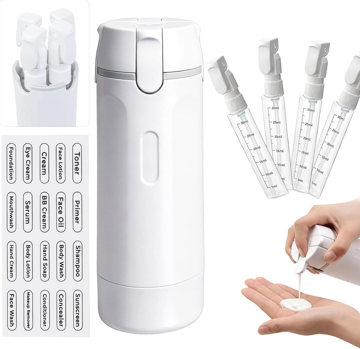 4-in-1, reisflessen om te vullen met pompdispenser, 4 x 30 ml
