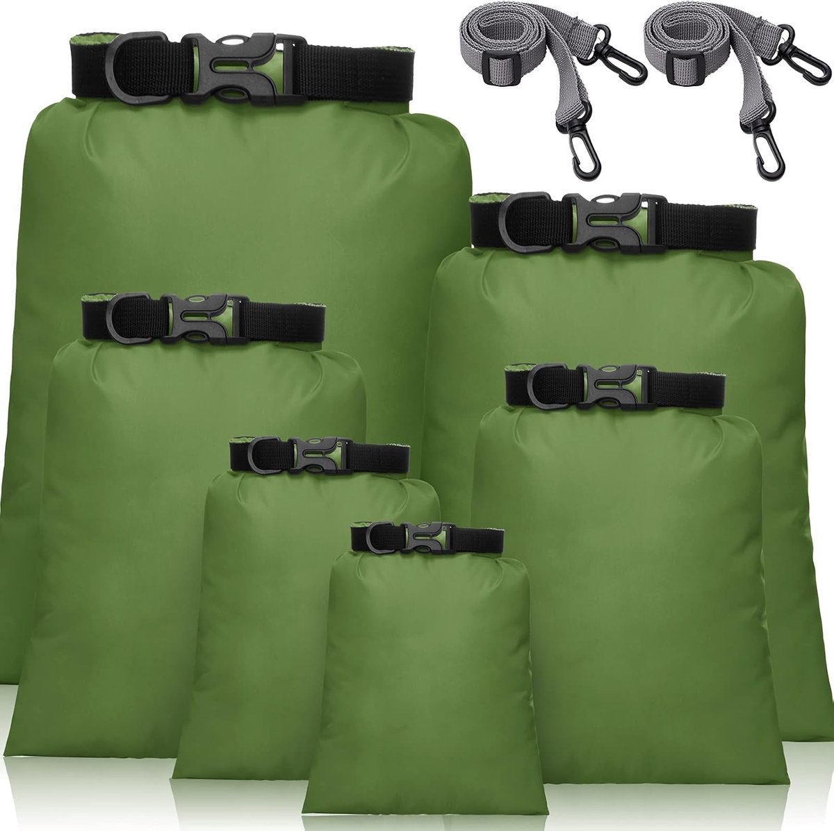 Waterdichte droogzakkenset, 6 maten lichtgewicht zakken en lange verstelbare schouderriem, waterdichte pakzakken voor buiten voor backpacken, varen, wandelen, kamperen (groen), 6 stuks