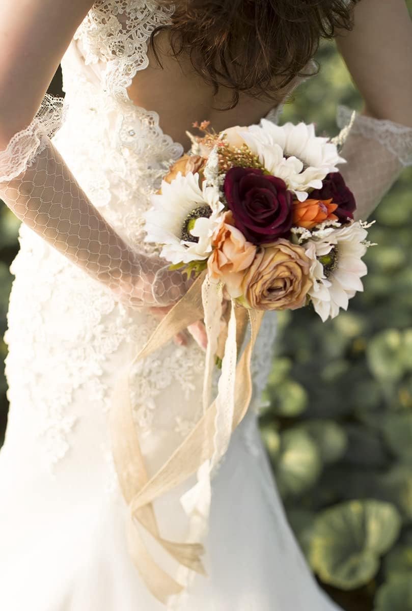 Vintage Bruiloft Boeket Bruid Bruids Boeketten Verbrand Oranje Bruidsmeisje Boeket Kunstmatige Zonnebloem Rose Bloemen voor Ceremonie Party Kerk