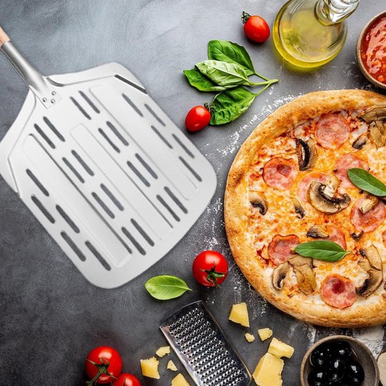 135 cm, duurzame afwerking, geperforeerde pizzaschuiver, pizzaschuiver voor pizzasteen, keuken en bakken, aluminium pizzaschep met 2 afneembare handgrepen — afbeelding 4
