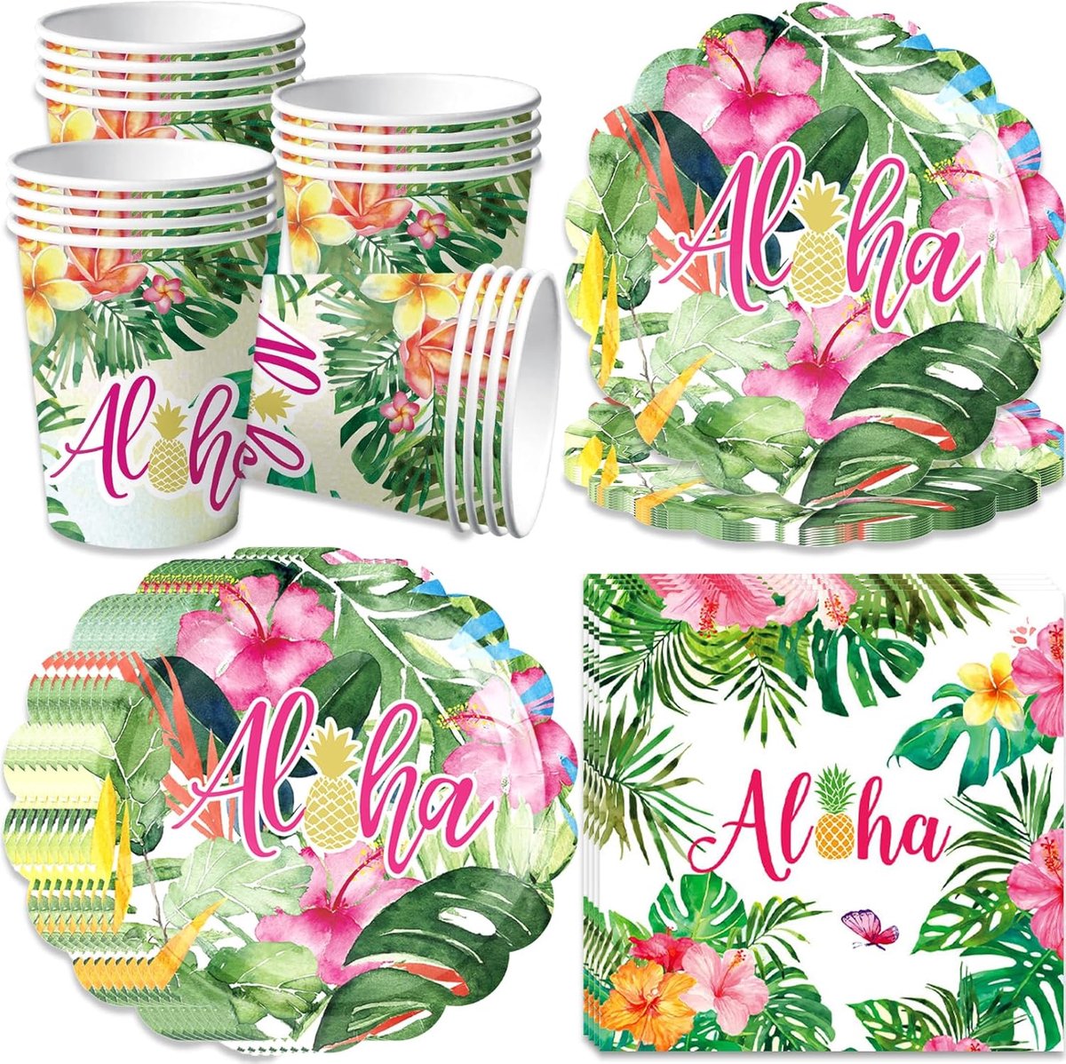 Verjaardagsfeestserviesset, Hawaii papieren borden, kopjes, servetten, serviesset, voor 16 gasten, jongens en meisjes, palmbladeren, tropische slinger, zomerfeest