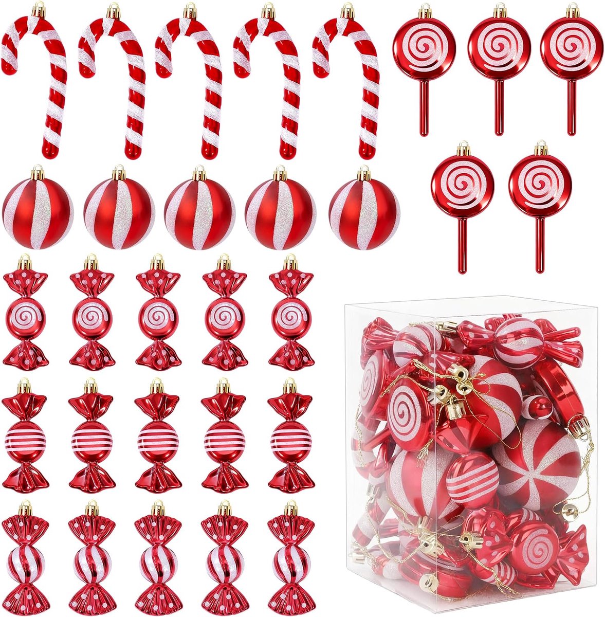 Kerstballen, kerstballen met pailletten, kerstboomversieringen, rood en wit, ornamenten