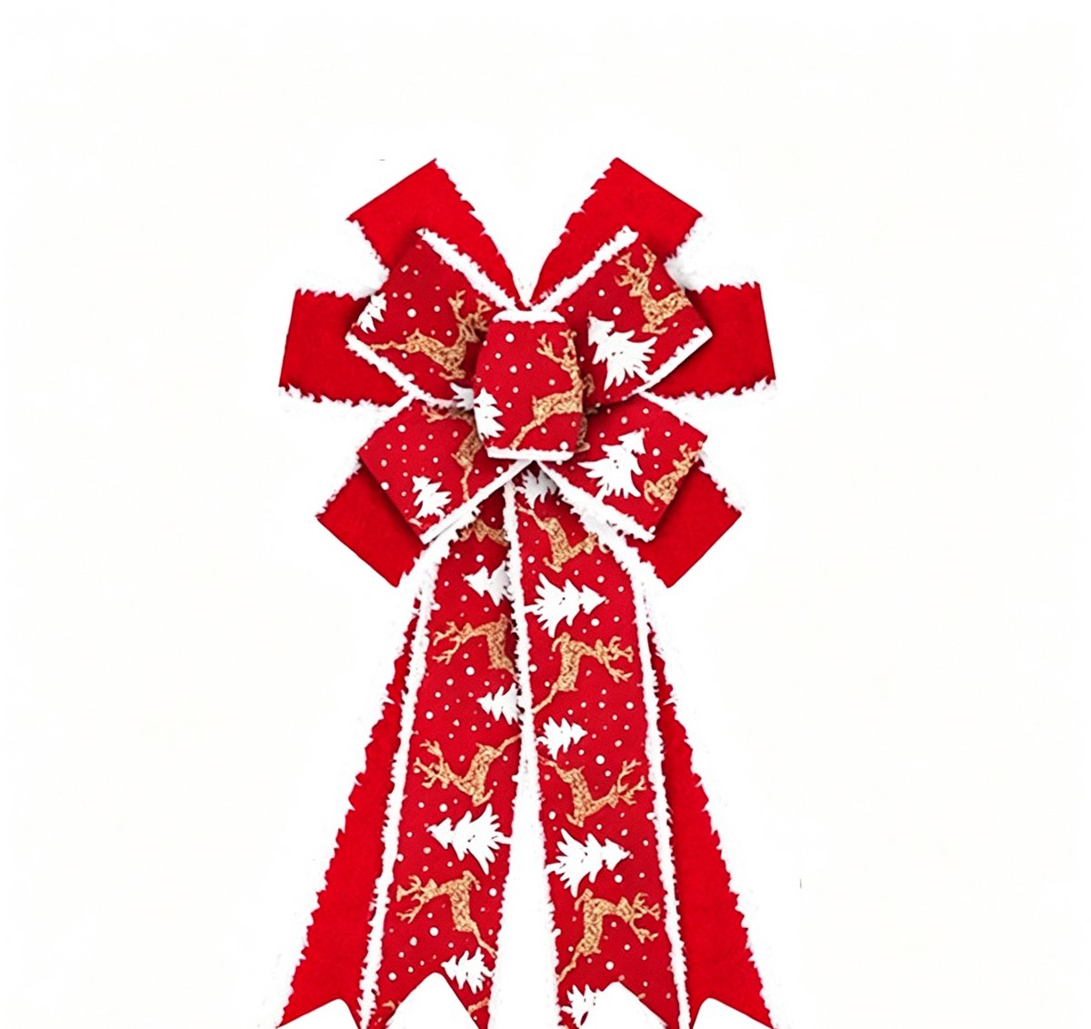 Grote kerststrik voor kransen – Rood-witte strik (ca. 23 × 38 cm) met kerstboom- en rendiermotieven – Kerststrik voor piek, voordeur of kerstdecoratie binnenshuis