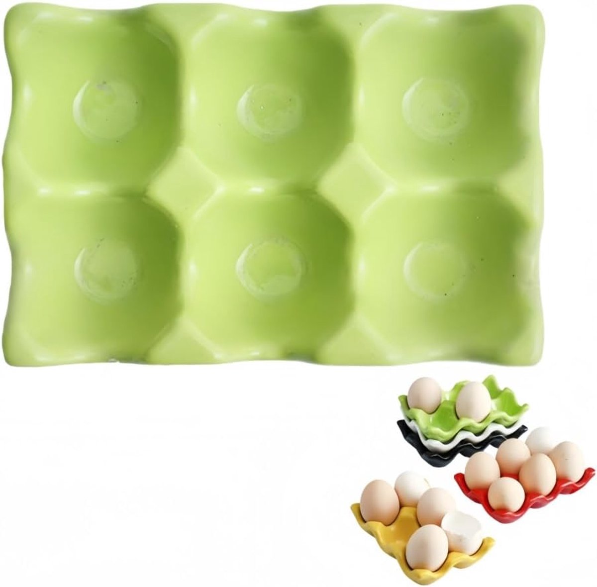 Eierhouder, 6 vakken, voor koelkast en aanrecht, hittebestendig, 7 kleuren, organizer, 14,5 x 9 x 3 cm (6 vakken, groen