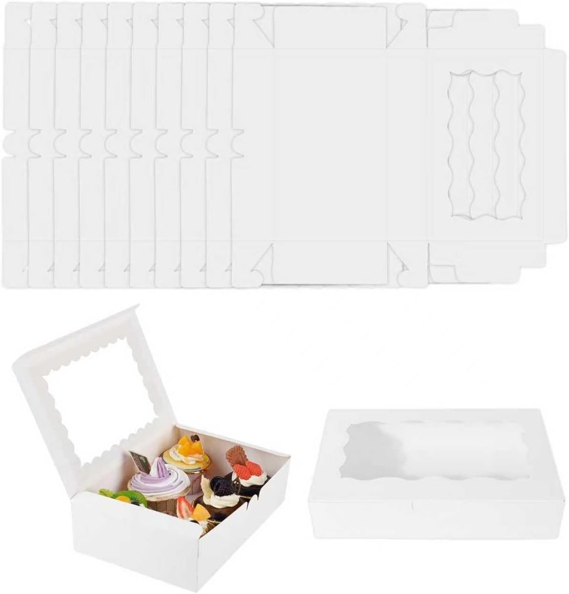 Set van 10 witte cupcakedozen met kijkvenster, geschikt voor bakkerij, koekjes, cupcakes, muffins (18 x 11 x 4 cm)