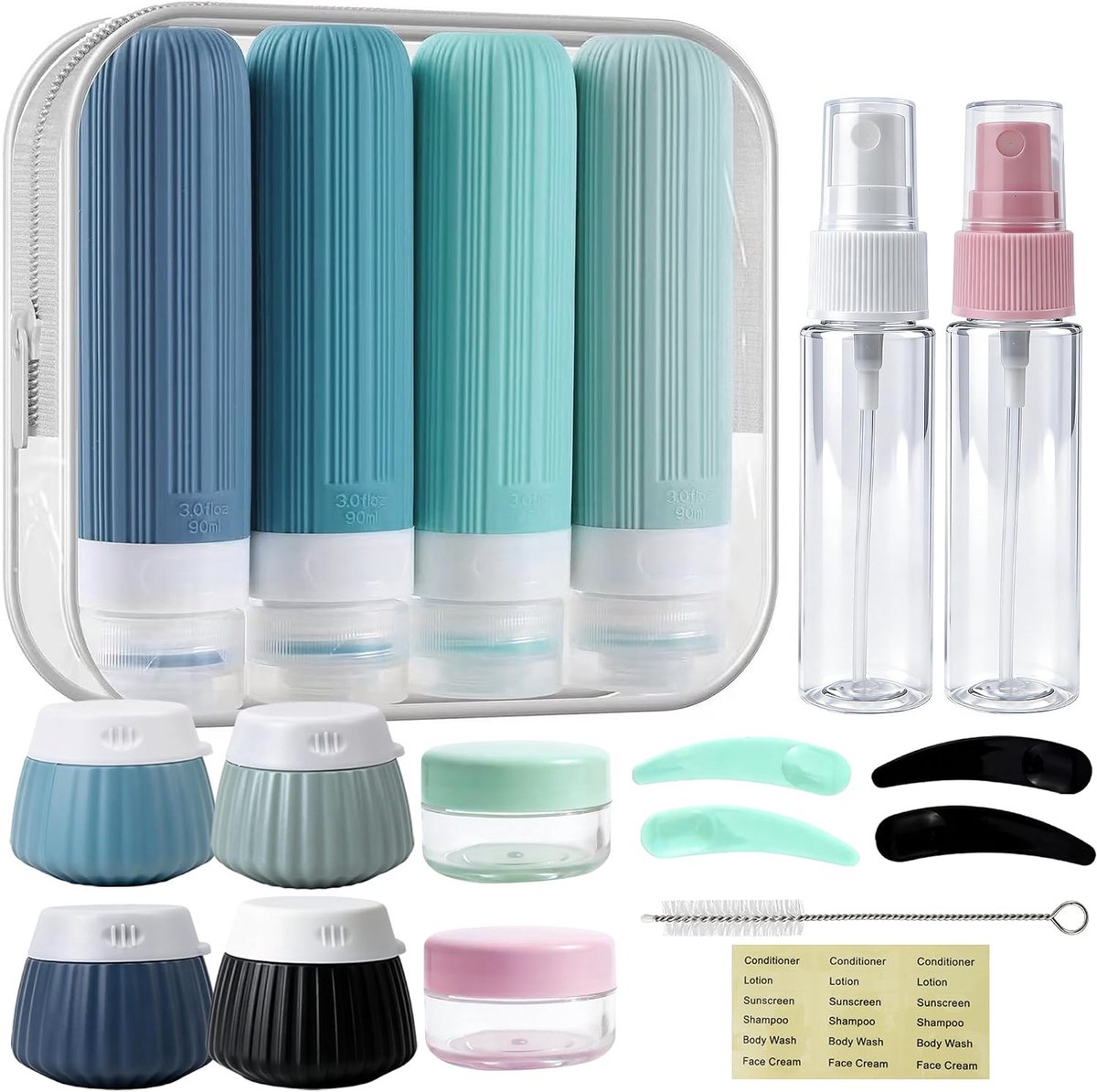 Set van 18 siliconen reisflessen, reisflessen om te vullen, reisbenodigdheden navulbare reisflessen, lekvrij, reiscontainer, shampoo, crèmespoeling