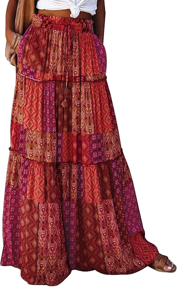 Maxirok voor dames, lang, elegant, boho, casual, midi-rok, A-lijn, effen, zomerrok, rok met zakken, elastische hoge taille, strandrok, vrijetijdsrok