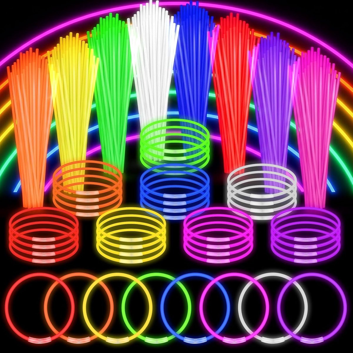 Set van 8 lichtstaafjes om te kraken voor kinderen, 150 lichtstaafjes met 150 connectoren voor armbanden, ringen, neon feestgadgets voor Halloween, feest, festival, bruiloft, Kerstmis