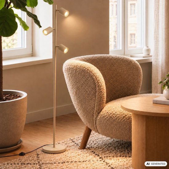 Lampadaire moderne beige avec trois spots réglables, idéal pour le salon.