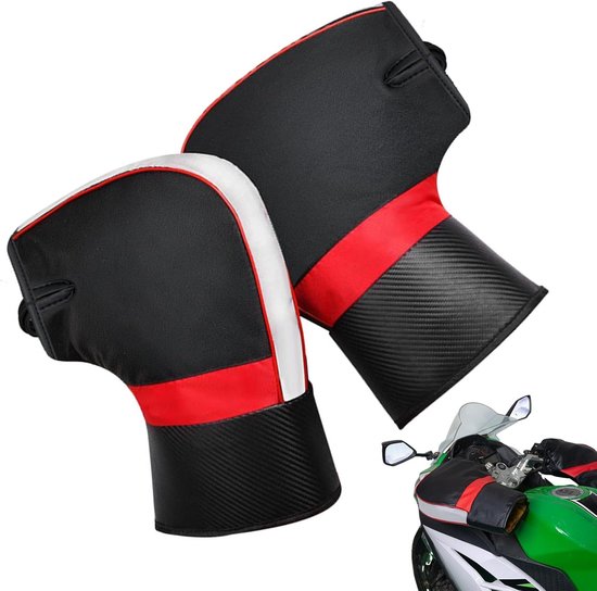 Paar zwarte stuurhandschoenen met rode banden en witte accenten, met een motorfiets.