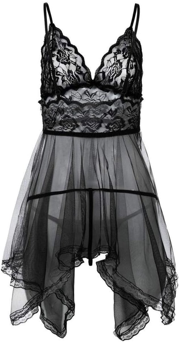 Lingerie Dameslingerie Sexy set kanten Kimono nachtkledingSexy Jurk Dames Verleidelijk Kant Zwarte Lingerie Set Nachtkleding Nachtjurk Ruglooze Pyjama-Black_M