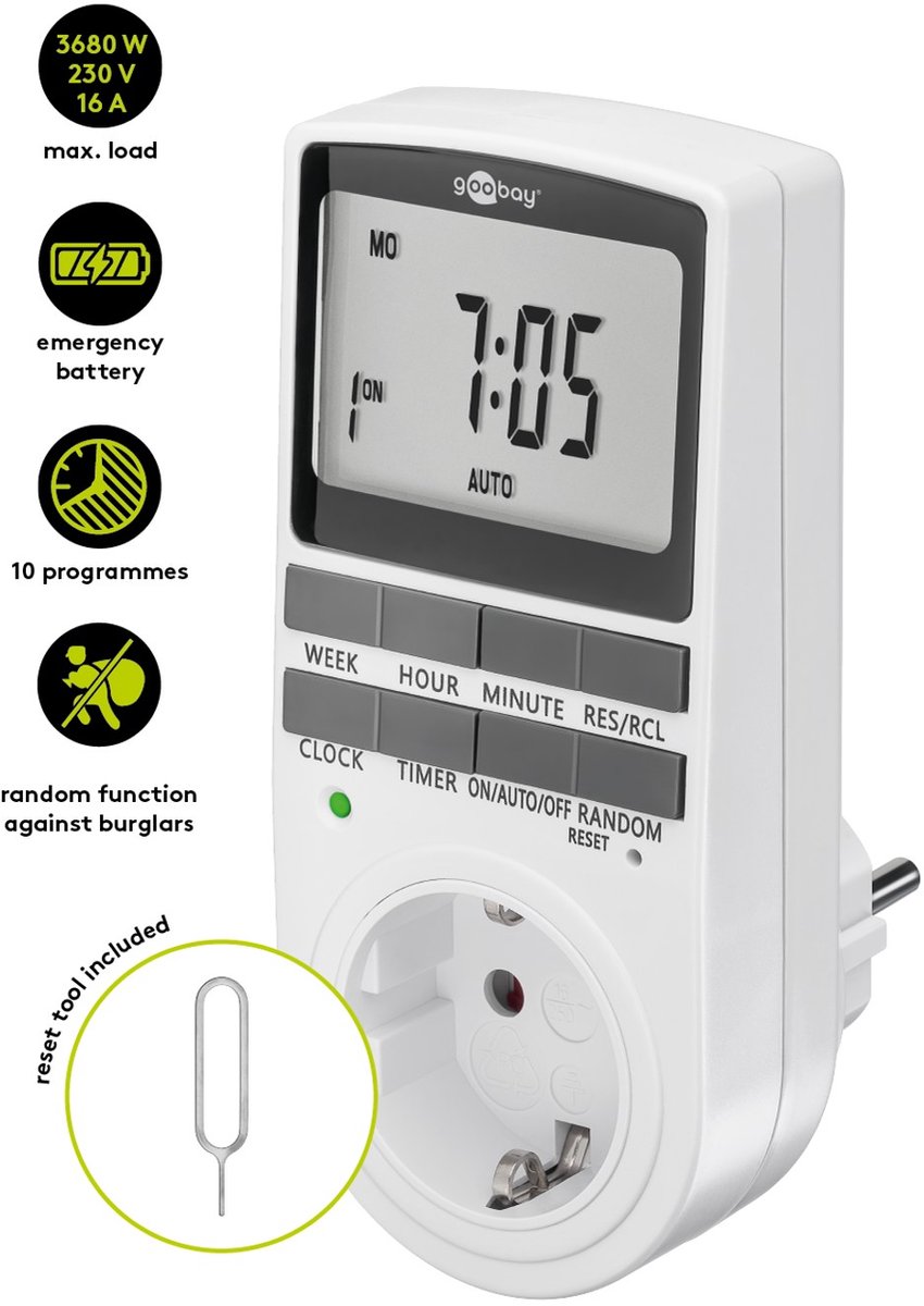 Goobay Digitale timer, programmeerbare timer met randaardestekker (type F)