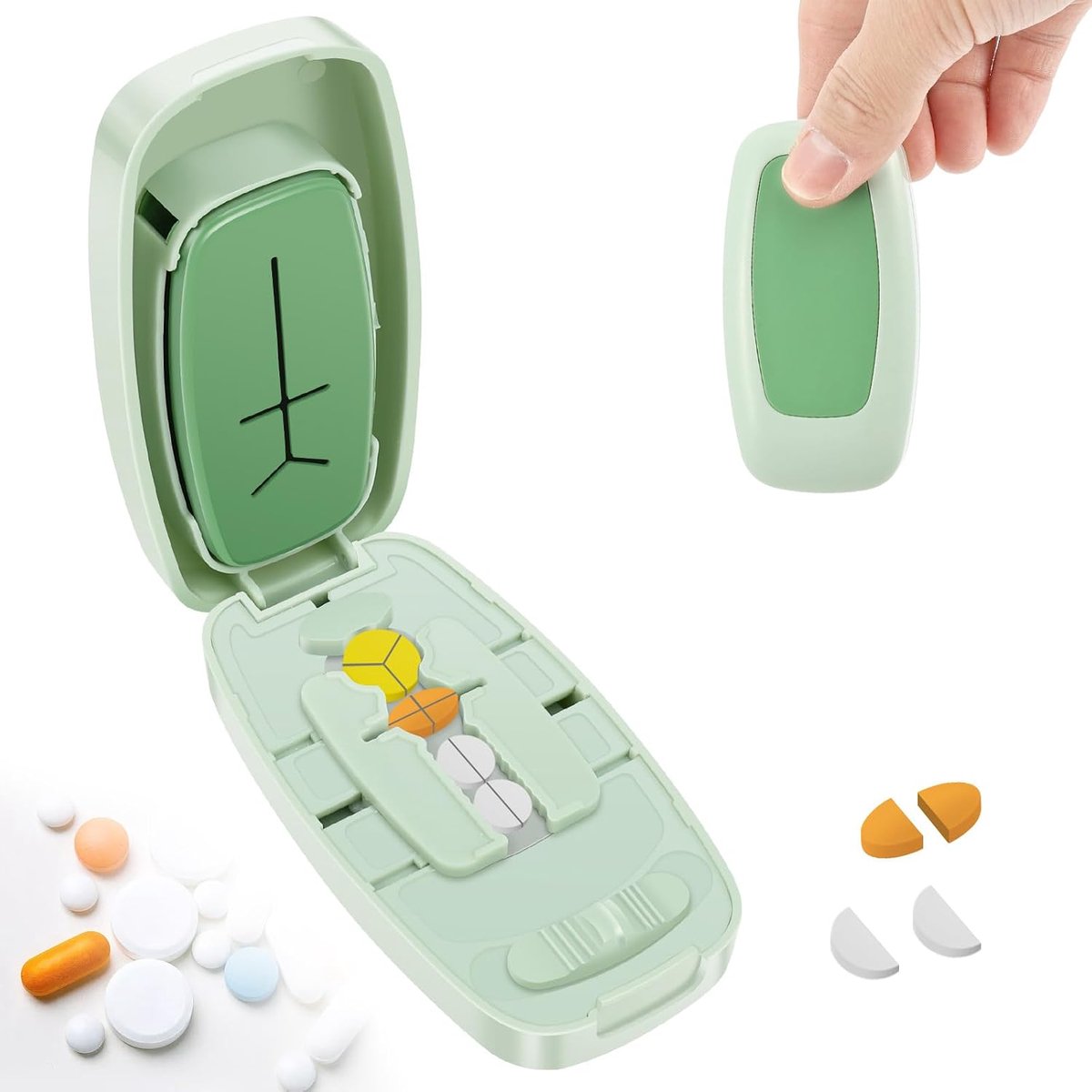 Nauwkeurige precisie pillensnijder, tabletverdeler snijdt pillen in 2 of 4 delen, met opbergvak, eenvoudige snede, draagbaar voor dagelijks gebruik en reizen (groen)