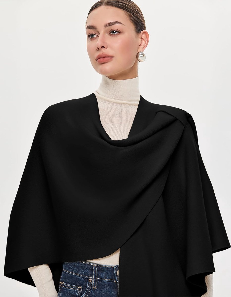 Zwart Poncho-Damens- Sjaal met lus- Gebreid- Lichtgewicht - Omslagdoek- Cape-onesize- Cosy chic-Effen- Stola